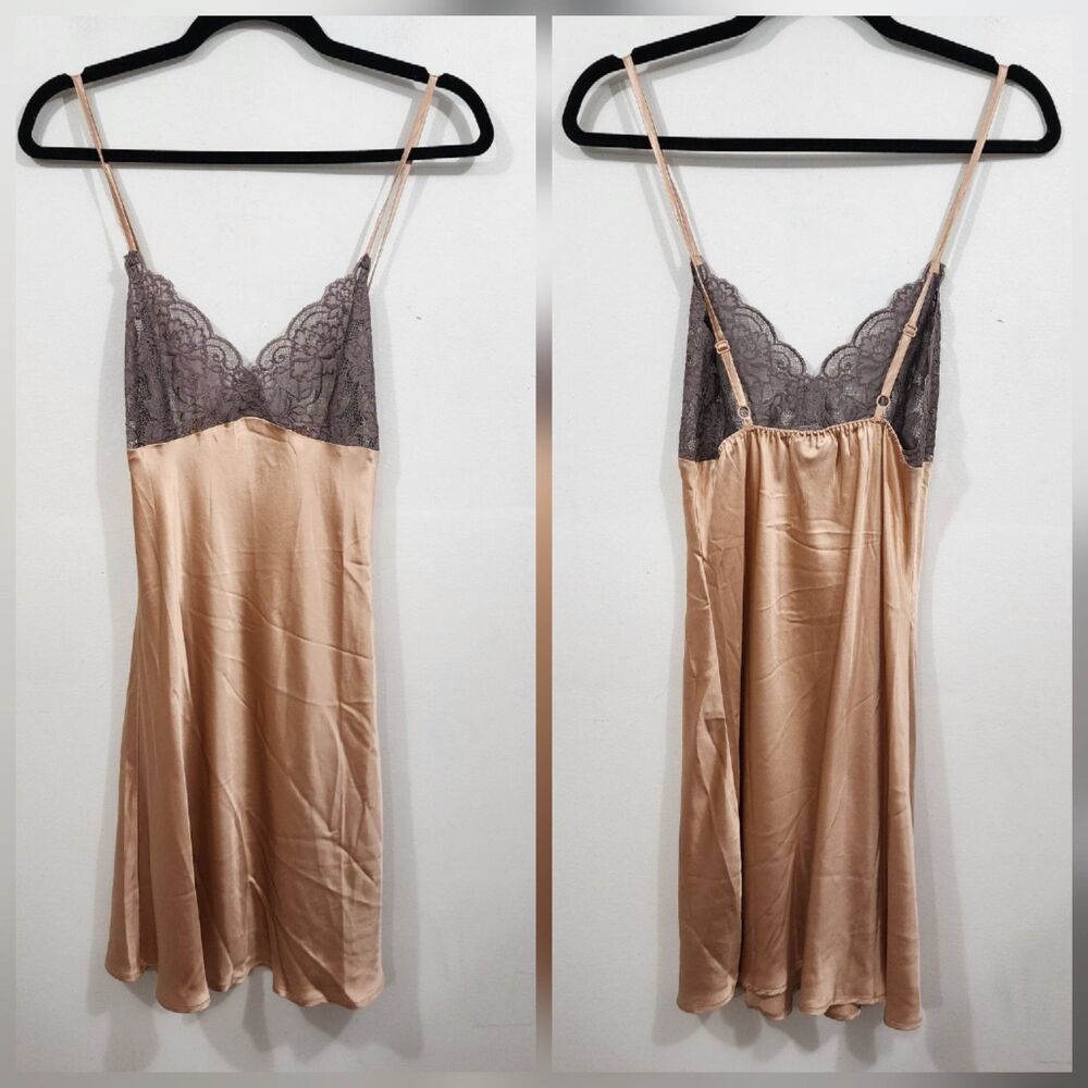 Julianna Rae 100% Silk Lace Chemise Short Nightgown Peach Gold Womens XS